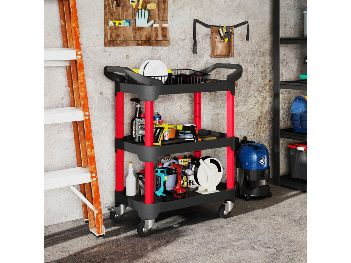 Tool Trolley With 3 Levels, Side Handles, Wheels, Plastic, Black
