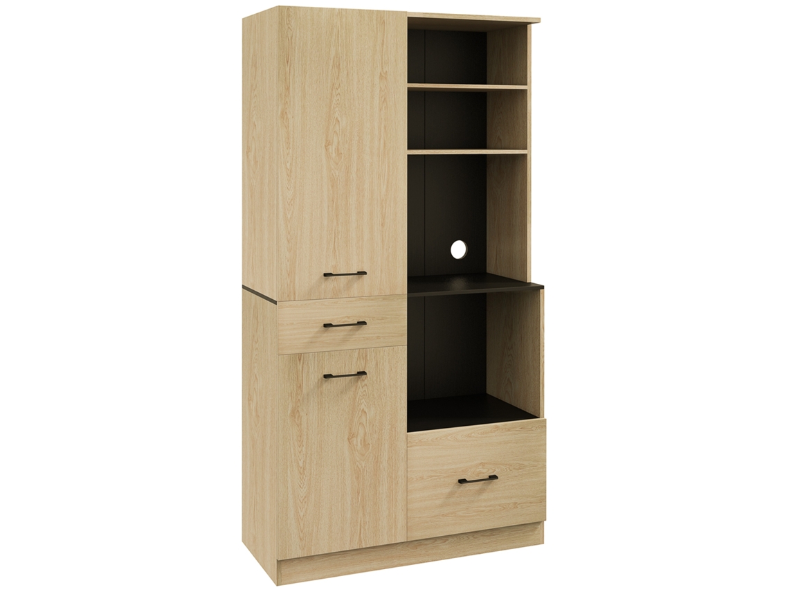 Armário da Cozinha com 2 Gavetas 2 Armários 4 Prateleiras Abertas Estilo Moderno 90x40x170 Cm em Carvalho e Preto