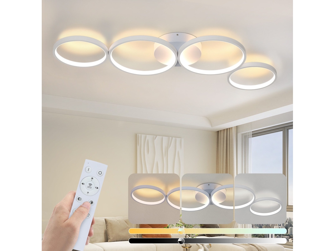 Nettlife Candeeiro De Teto Led, Led Candeeiro De Teto 100 Cm Regulável 4 Anéis Moderno 56 W Iluminação Branca Com Comando, Em Alumínio