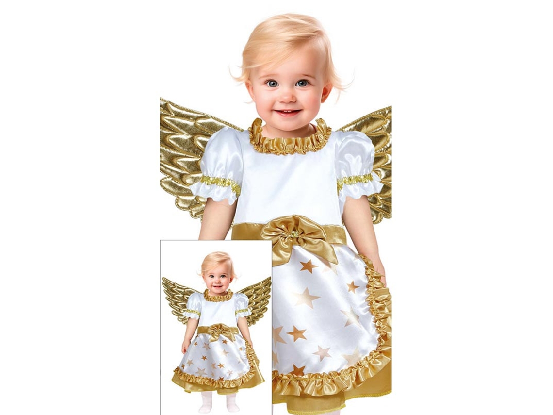 Fantasia de anjo dourado em vestido branco para bebê