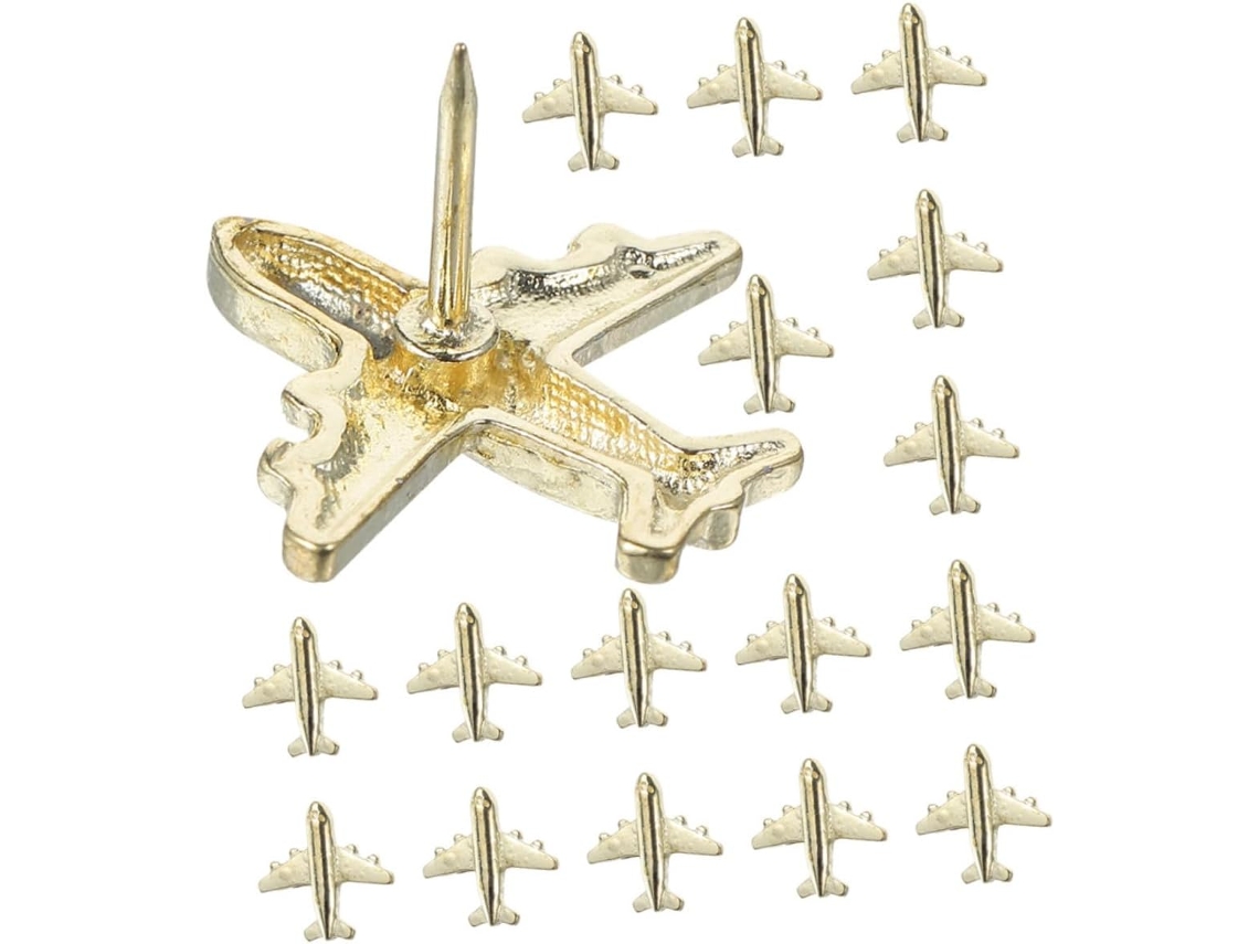 Tachinhas douradas em metal no formato Pretyzoom Avião, 60 unidades, design exclusivo e fixação firme para mesa.