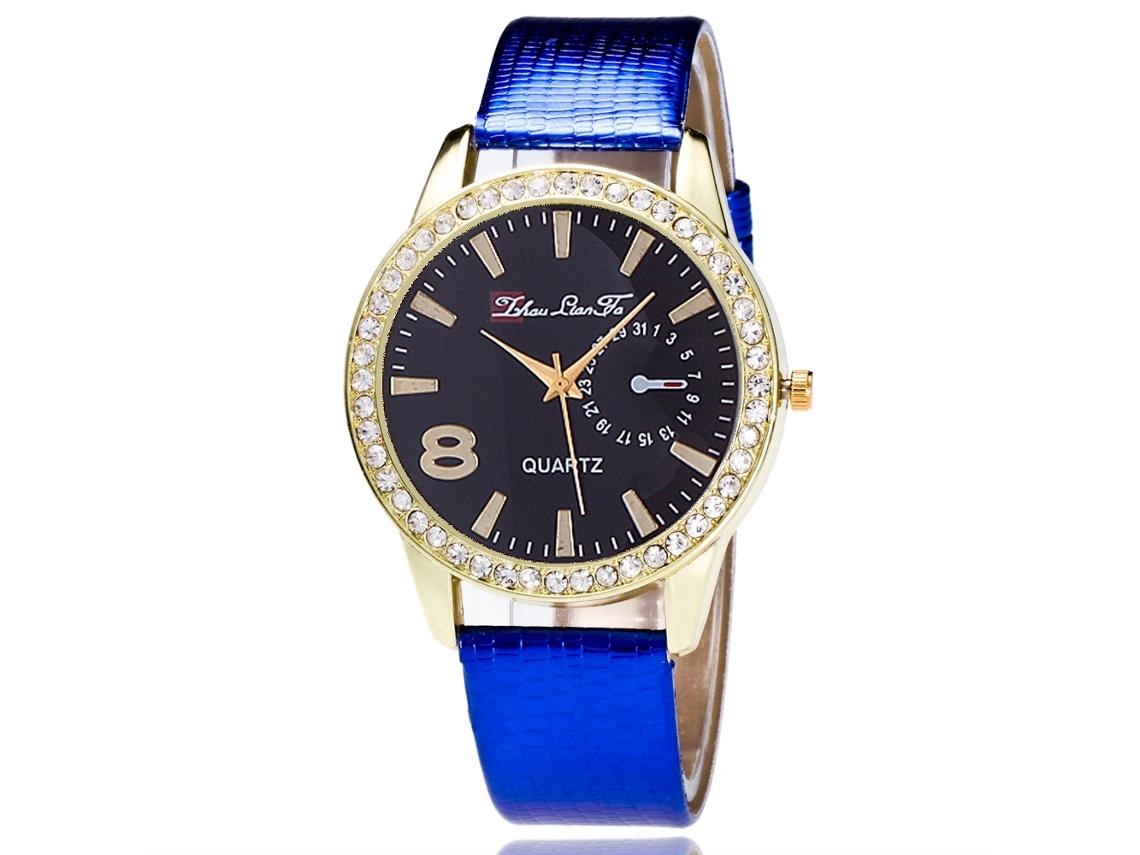 Relógio de Pulso Feminino de Quartzo com Pulseira de Couro Pu Estilo Simples Azul