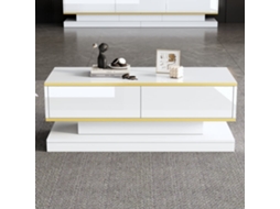 Mesa De Centro 100x50x38 Cm - Sofá Com 2 Gavetas Grandes, Mesa De Sala Única, Borda Dourada, Cor Branco Quente