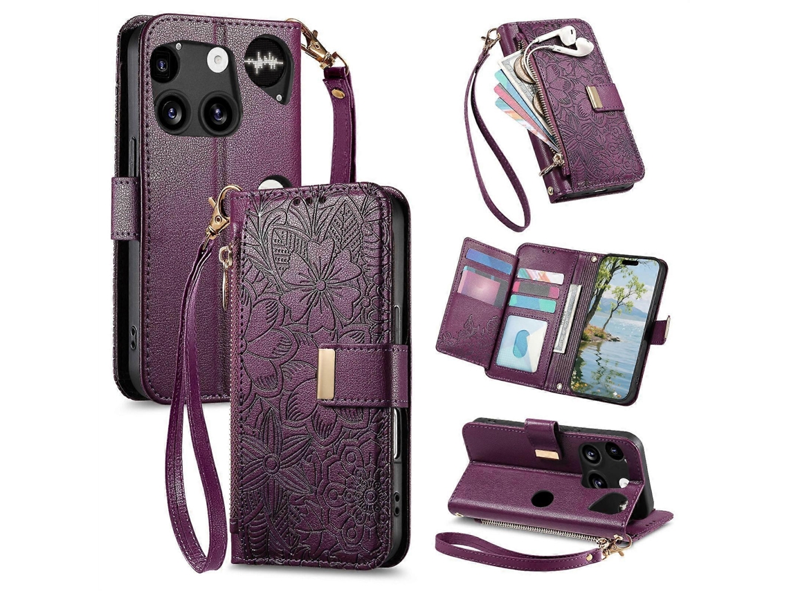 Capa Carteira De Couro Com Zíper, Estampa De Flores E Folhas, Para Celular Nothing Phone 3.