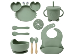 9 Conjuntos De Talheres De Silicone Verde Para Bebê: Pratos, Tigelas, Copos, Aventais E Talheres Com Estampa De Caranguejo.