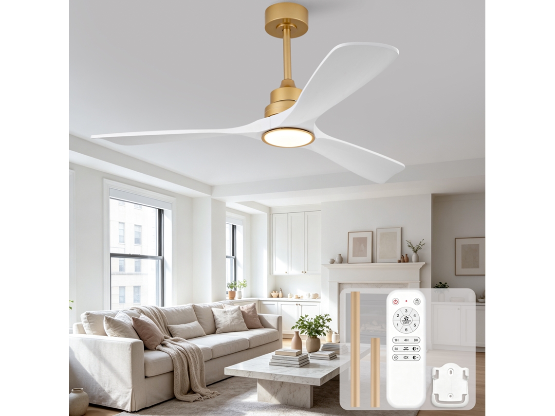 Ventilador De Teto Hyundai 52 Polegadas Com Luz Led, Três Pás De Madeira, 3cct, Seis Velocidades E Controlo Remoto