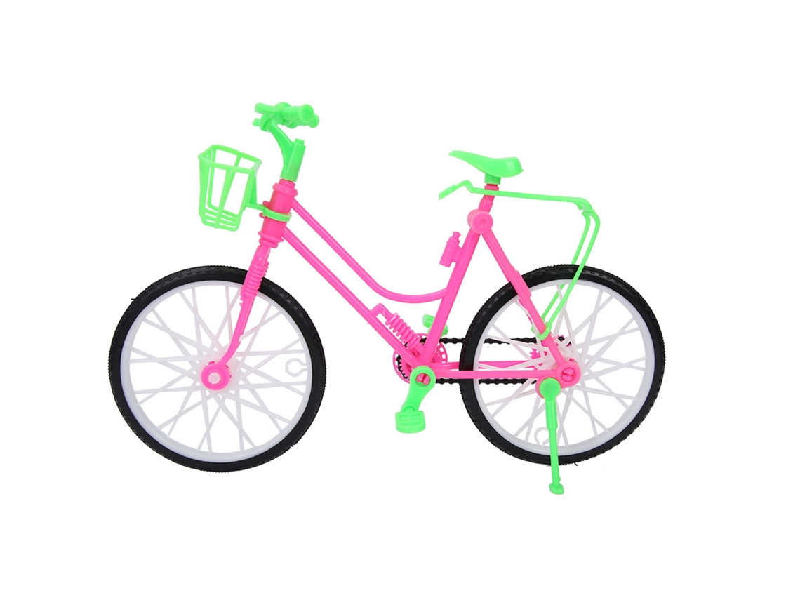 Bicicleta de boneca de plástico com cestinha, acessórios para atividades ao ar livre.