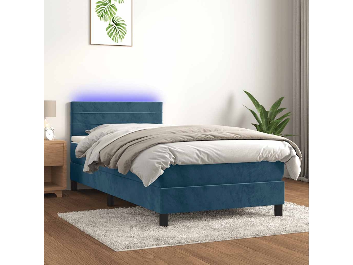 Vidaxl Cama Box Spring C/ Colchão/led 100x200 Cm Veludo Azul escuro