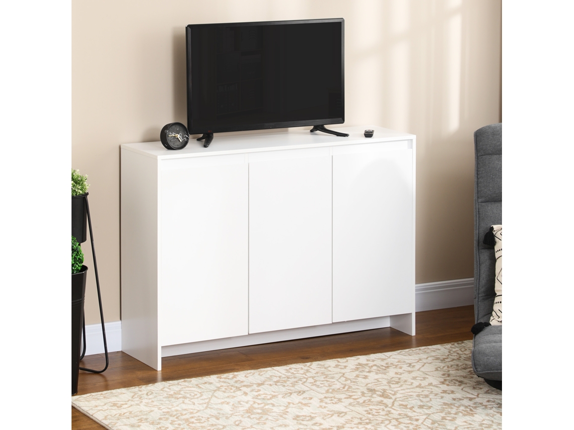 Móvel Aparador Com 3 Portas Prateleiras Ajustáveis ​​e Suporte Fecho Suave Para Televisores 120x35x85 Cm Branco