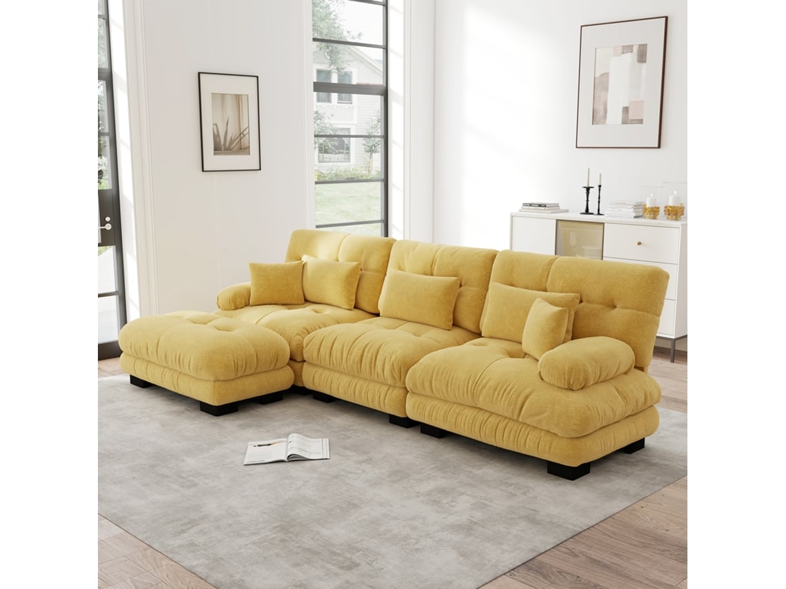 Sofá Cloud Luxo Em L Com Pufe E Chenille Amarelo