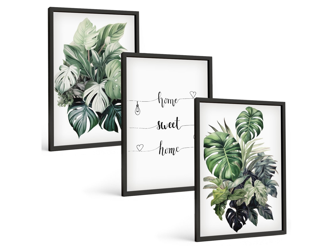 Composição De Quadros Na Parede Folhas De Monstera Em Aquarela Moldura Preta Imagens Para Um Quarto Infantil Espelharte (3 Piezas De 40x60 Cm)