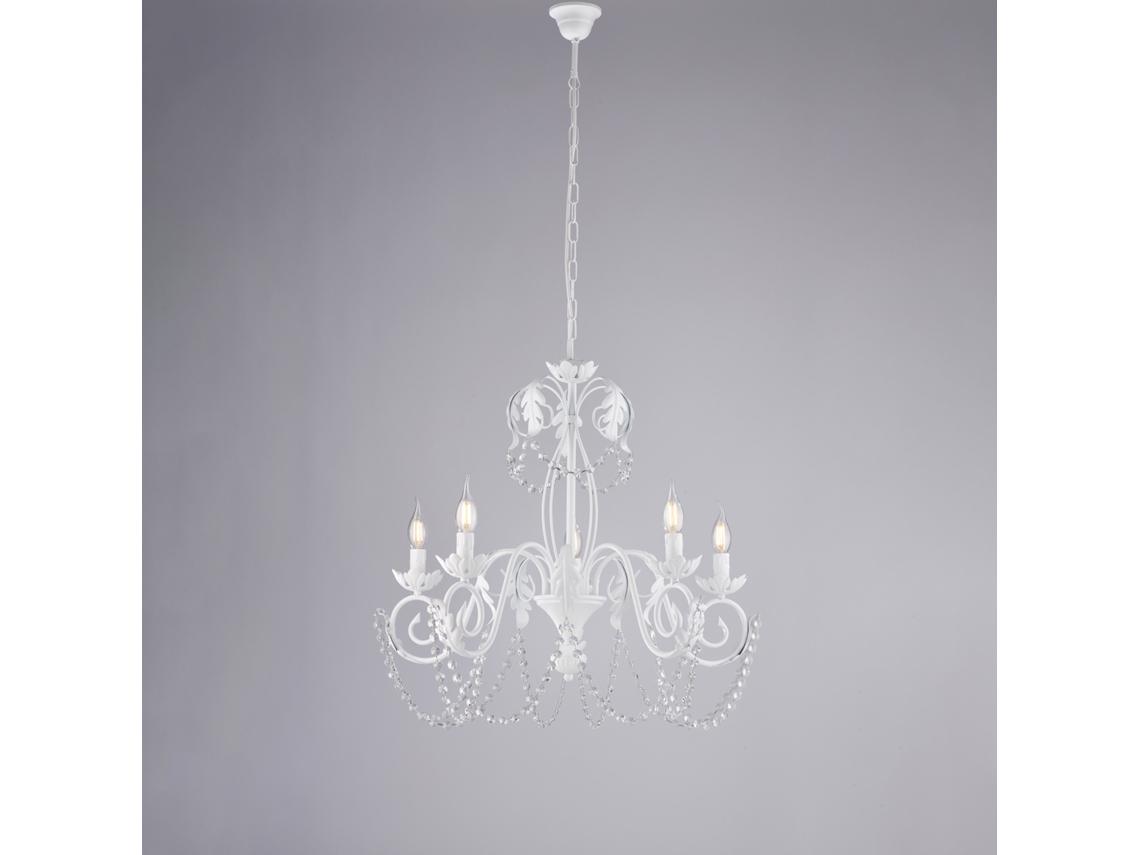 Damasco Lustre Em Ferro Lacado Branco Com Decoração. Efeito Shabby Chic E Strass Cristal 5 Luzes 125 Ø63 Bl77 5 Bco Belight