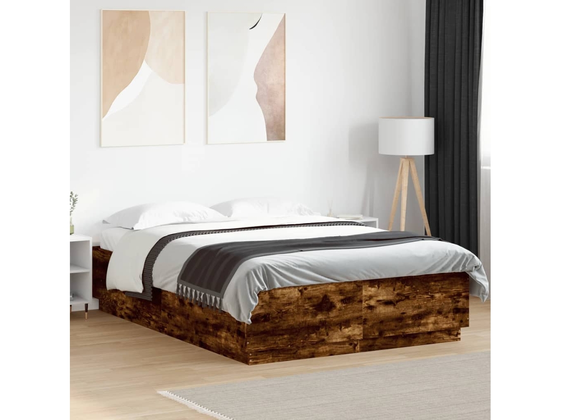 Vidaxl Estrutura Cama C/ Luzes Led Derivados Madeira Carvalho Fumado