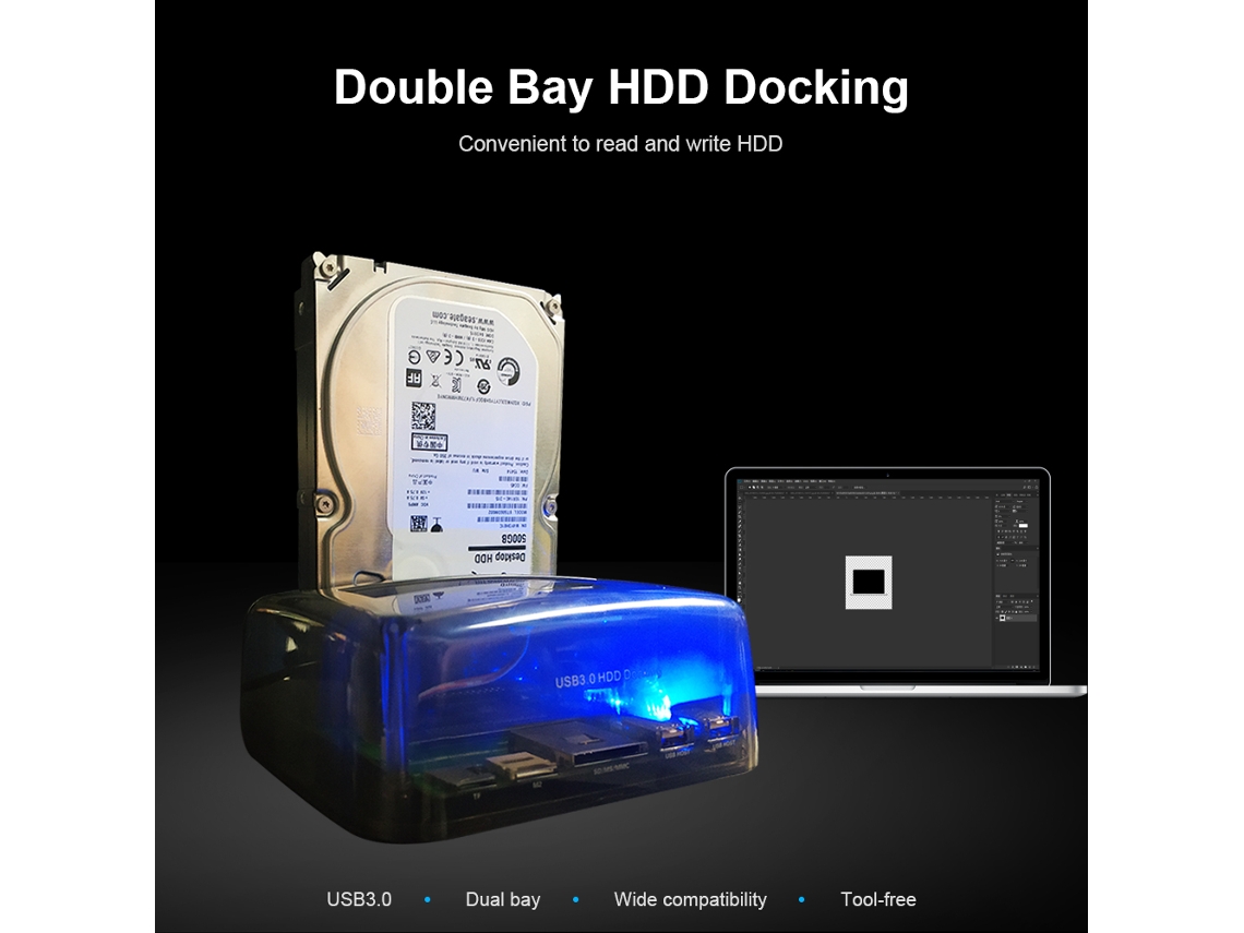 Estação de acoplamento USB 3.0 para discos rígidos de 2,5"/3,5" IDE e SATA, com duas baias e instalação sem ferramentas.