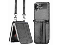 Capa Dobrável Para Celular Samsung Galaxy Z Flip 3 5g Com Tela, Bolsa Mensageiro, Cordão E Capa De Couro Para Cartão - Preta