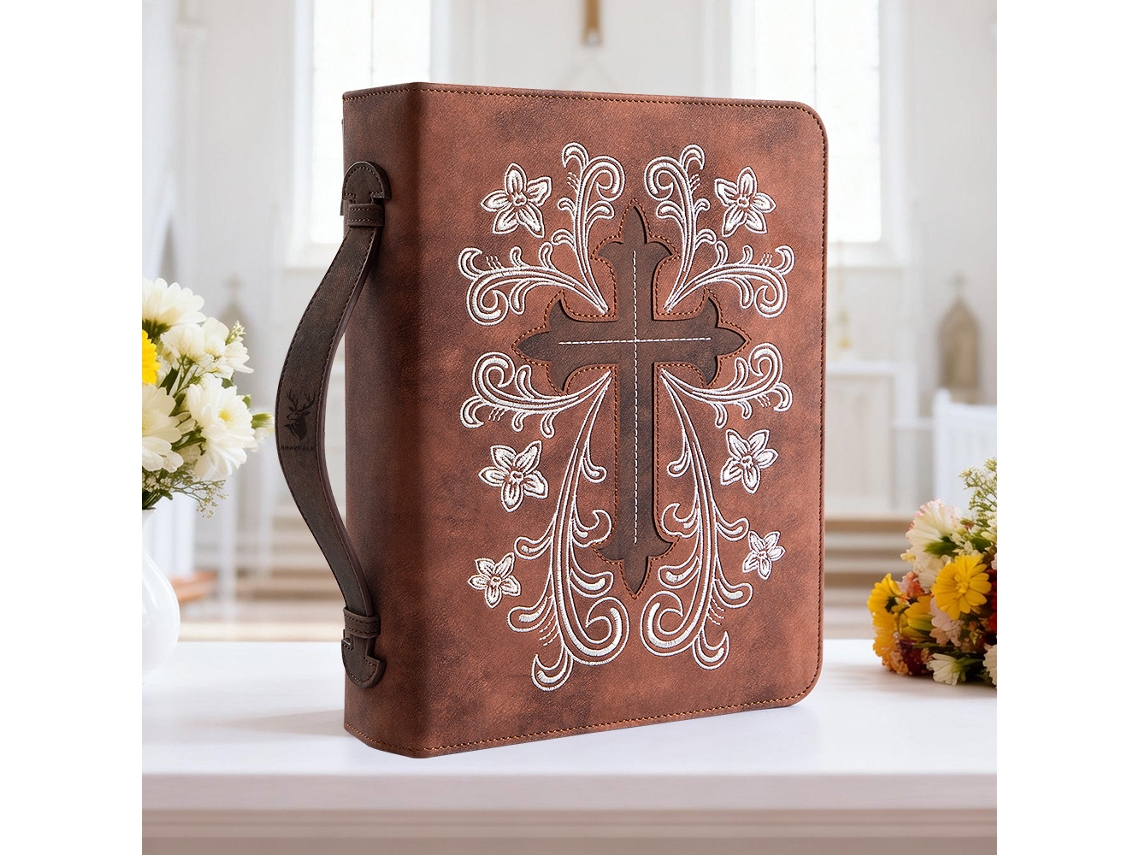 Pu Leather Cross Cover Handheld Document Bag Bible Pack Women S Book Zip Tote, Embroidered Cross, Pink Cover Only