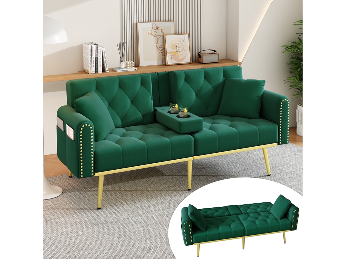 Sofá-cama Duplo, 3 Inclinações, Porta-copos. Ideal Para Sala, Quarto, Home Theater Ou Hóspedes. Tecido Verde.