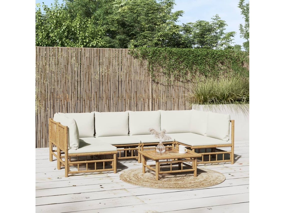 Vidaxl 7 Pcs Conjunto Lounge De Jardim Bambu C/ Almofadões Branco Nata