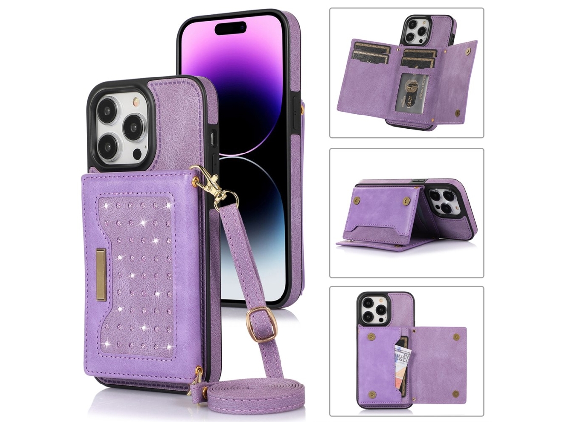 Capa Bloqueio Rfid Pega Para Iphone 15 Pro Pele Sintética Roxo