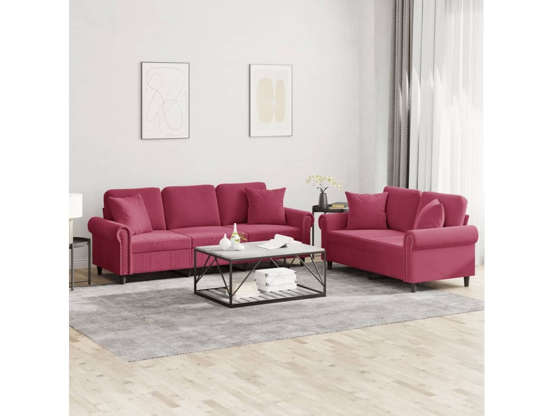 Conjunto 2 Pcs de Sofás com Almofadas Veludo Vermelho-Tinto PANGSHIYUAN