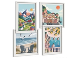 Composição De Quadros Vistas Litorâneas Casinhas Barcos Espelharte (4 Peças)