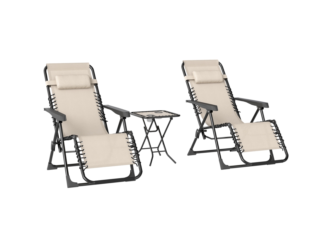Conjunto Espreguiçadeiras e Mesa Metal e Texteline Cor Bege 90x65x110 cm Outsunny
