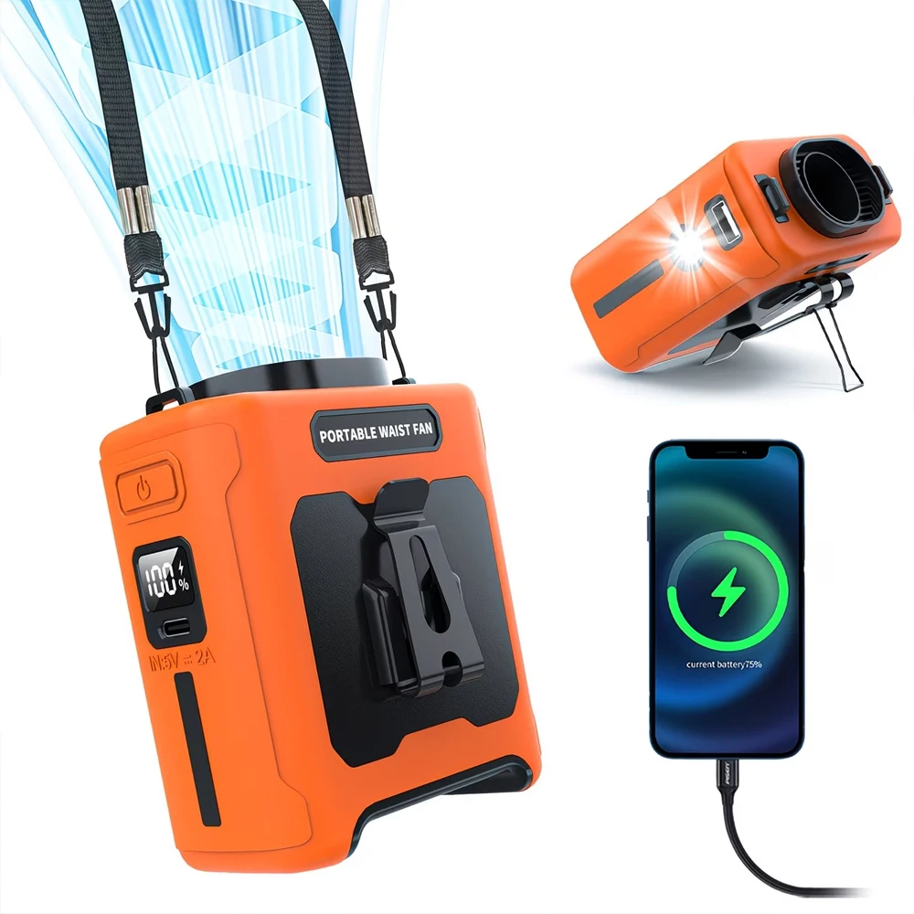 (laranja, 10000mah) Bateria Externa Portátil De 10000mah Com Clipe Para Cinto E Ventilador, Inclui Lanterna De Emergência.