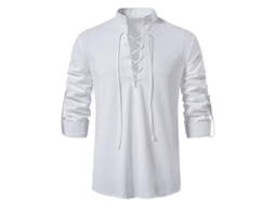 Camisa De Linho Casual De Manga Longa Com Gola Alta E Cordão, Ajuste Solto, Ideal Para Vários Ocasiões Branco