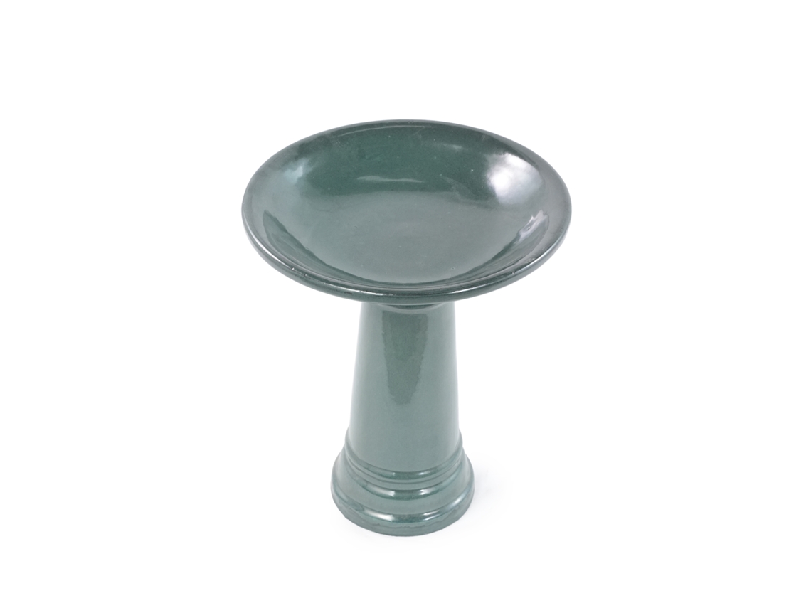 Bebedouro Para Aves Em Cerâmica Artesanal Ø31,5cm H38cm, Verde Escuro Lacado Liso, Resistente Às Intempéries E Ao Gelo, Jardim, Terraço E Varanda