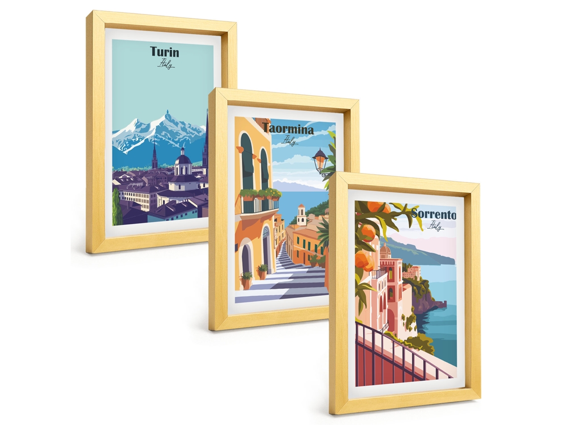 Composição De Quadros Vistas Coloridas De Cidades Retrô Espelharte (3 Peças 20x30 Cm)