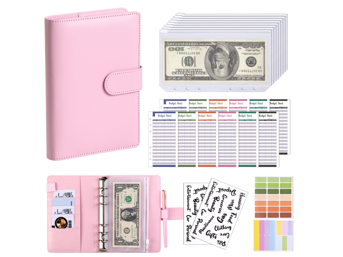 Macaron A6 Pu Leather Loose Leaf Notebook With Zipper Pouches Cash Budget Financial Planner Pink Cover + 8-zipper Cards