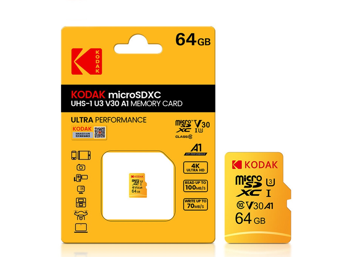 Cartão de memória Kodak C10 de alta velocidade, 128 GB, U3 4K HD, compatível com vídeo em celulares, tablets, câmeras e monitores.