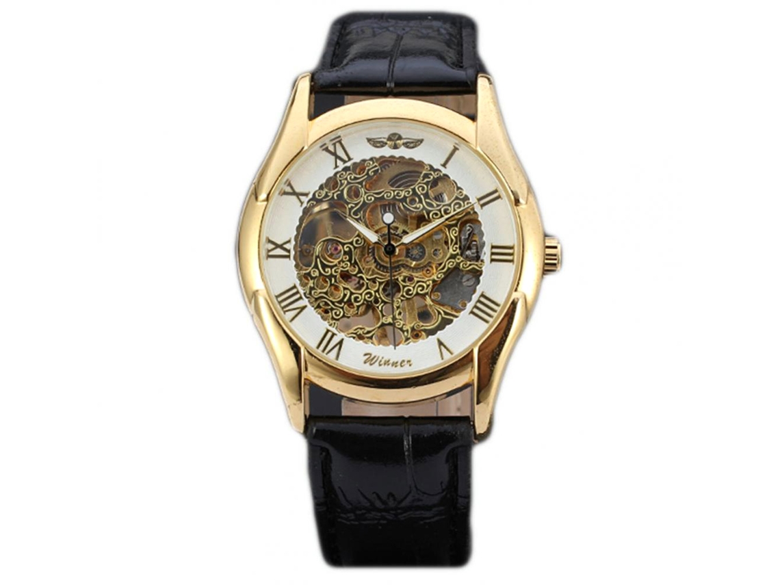 Reloj Hombre Negocios Con Dial De Patrón Hueco Correa Pu Movimiento Mecánico (oro Blanco)