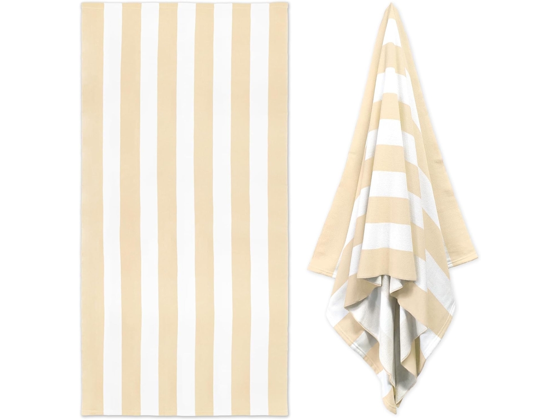 Toalha de Praia Extra Grande, 90x180cm, Toalha de Piscina em Microfibra, Bege com Listras, Secagem Rápida, Toalha de Banho para Cabana BRILVIBERA