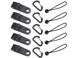Conjunto De Clips Para Barraca: 5 Clips De Lona, 5 Fivelas Em D, 5 Cordões Elásticos - Total 15 Peças