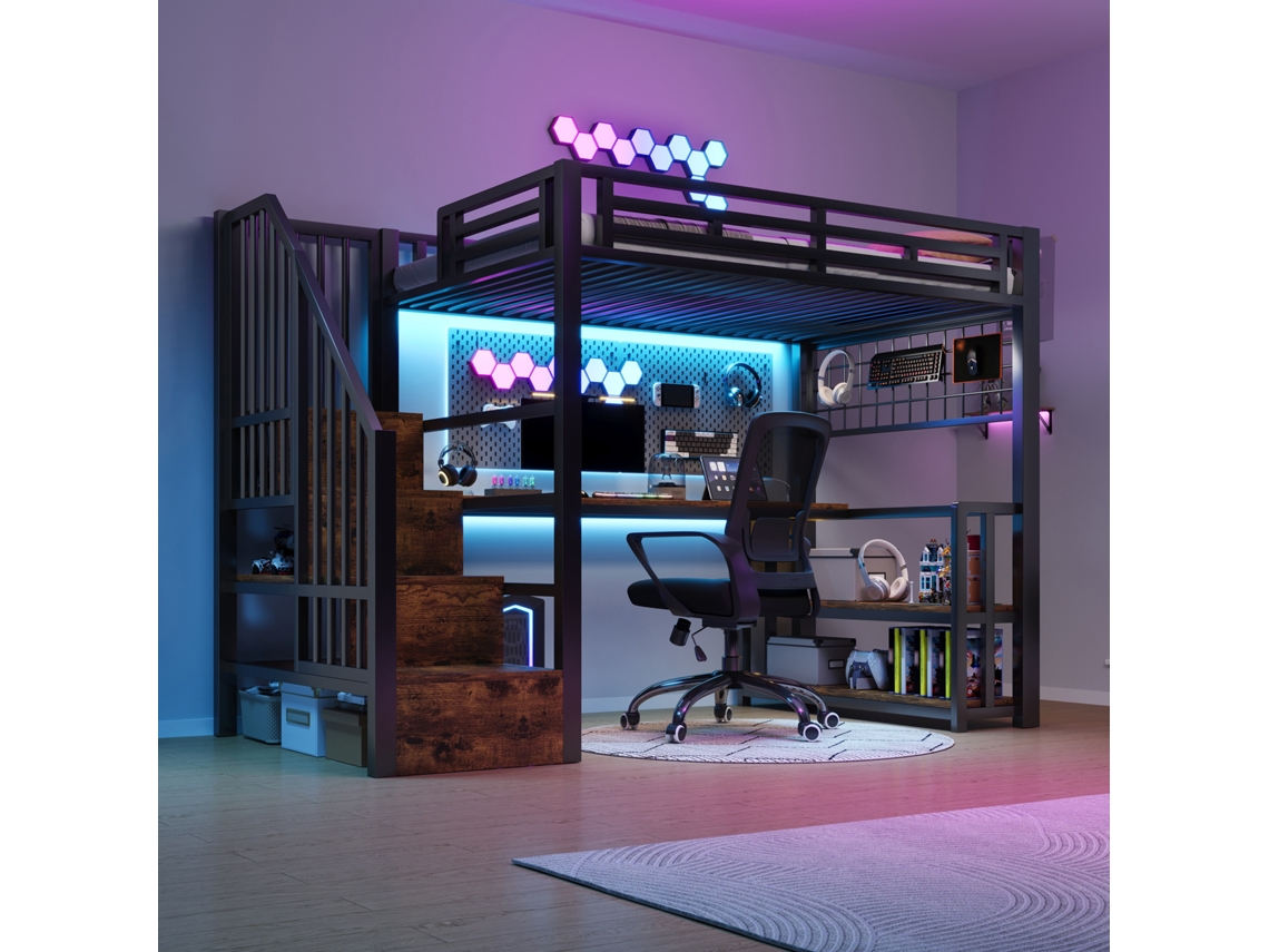 Cama De Altura 90x200cm Aro De Ferro Led Usb Tipo-c Preta Sem Colchão
