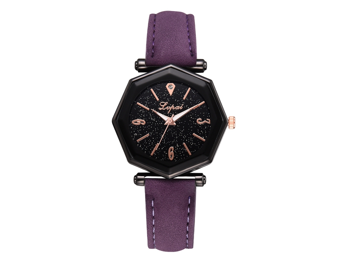 Relógio Analógico Feminino com Pulseira de Couro Pu e Mostrador Geométrico Roxo