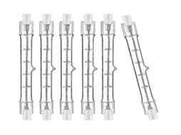 Kit com 6 lâmpadas halógenas lineares Lurelia R7s 200w 230v 2000k 118mm, dimerizáveis, sem fita isolante, cápsula transparente.