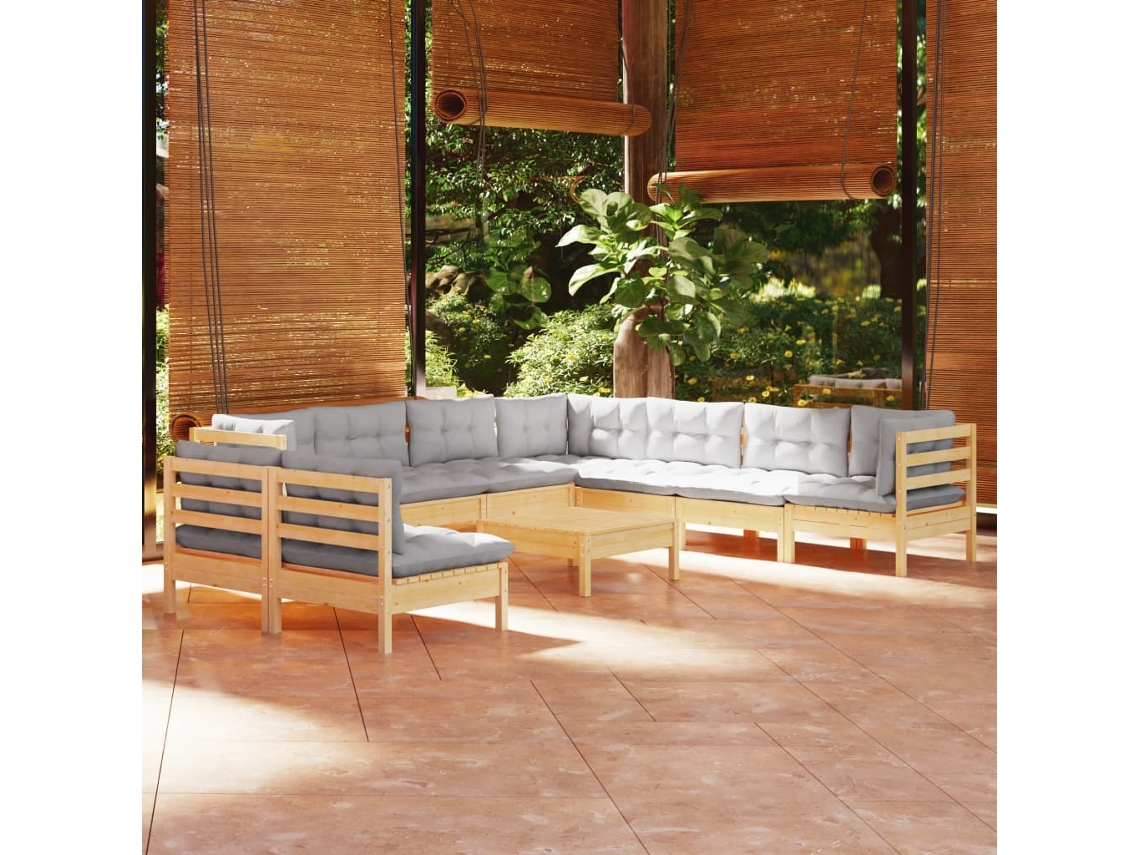 Vidaxl 10pcs Conjunto Lounge De Jardim + Almofadões Cinza Pinho Maciço