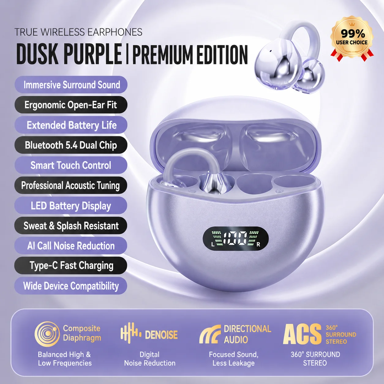 (roxo) Fones De Ouvido Com Clipe Para Tradução Por Ia, Fones De Ouvido Bluetooth 5.4 De Design Aberto