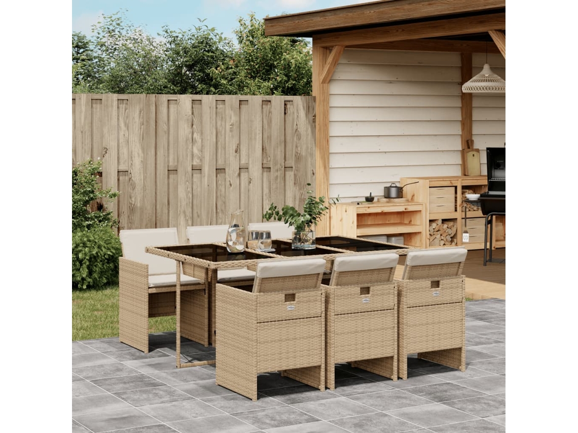 Conjunto 7 Peças Jantar P/ Jardim Com Almofadões Vime Pe Bege Dkd Home Decor
