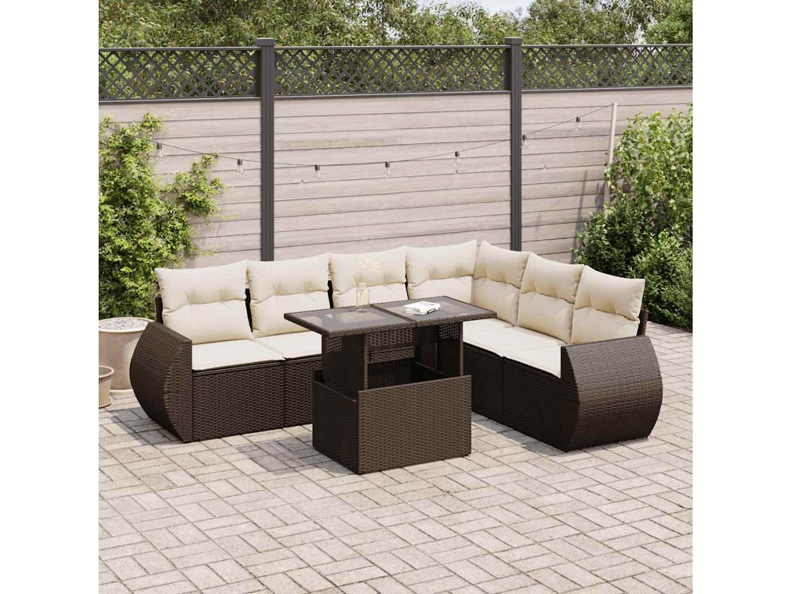 Vidaxl 7 Pcs Conjunto De Sofás Jardim C/ Almofadões Vime Pe Castanho