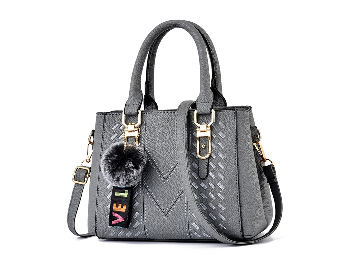 Bolsa Feminina de Grande Capacidade 2026, Bolsa de Ombro, Chaveiro com Pompom, Bolsa Pequena cinza YUNZII