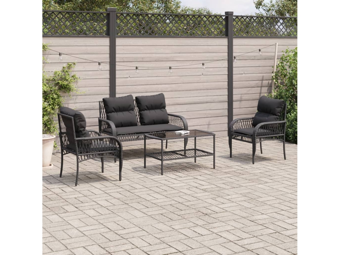 Vidaxl 4 Pcs Conjunto De Sofás Para Jardim C/ Almofadões Vime Pe Preto