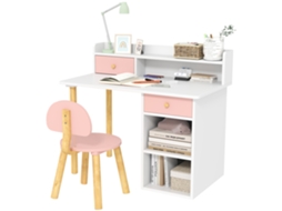 Mesa infantil rosa e branco com cadeira, gavetas e prateleiras BTFORUS