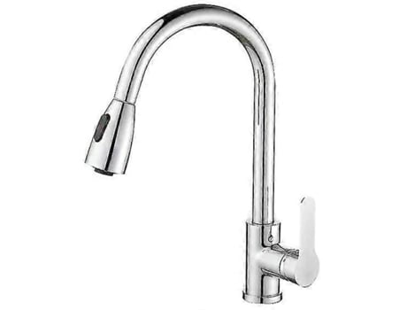 Torneira de cozinha elegante de níquel polido com uma só alça e pulverizador retrátil, montada na varanda, com água quente e fria. Sygo