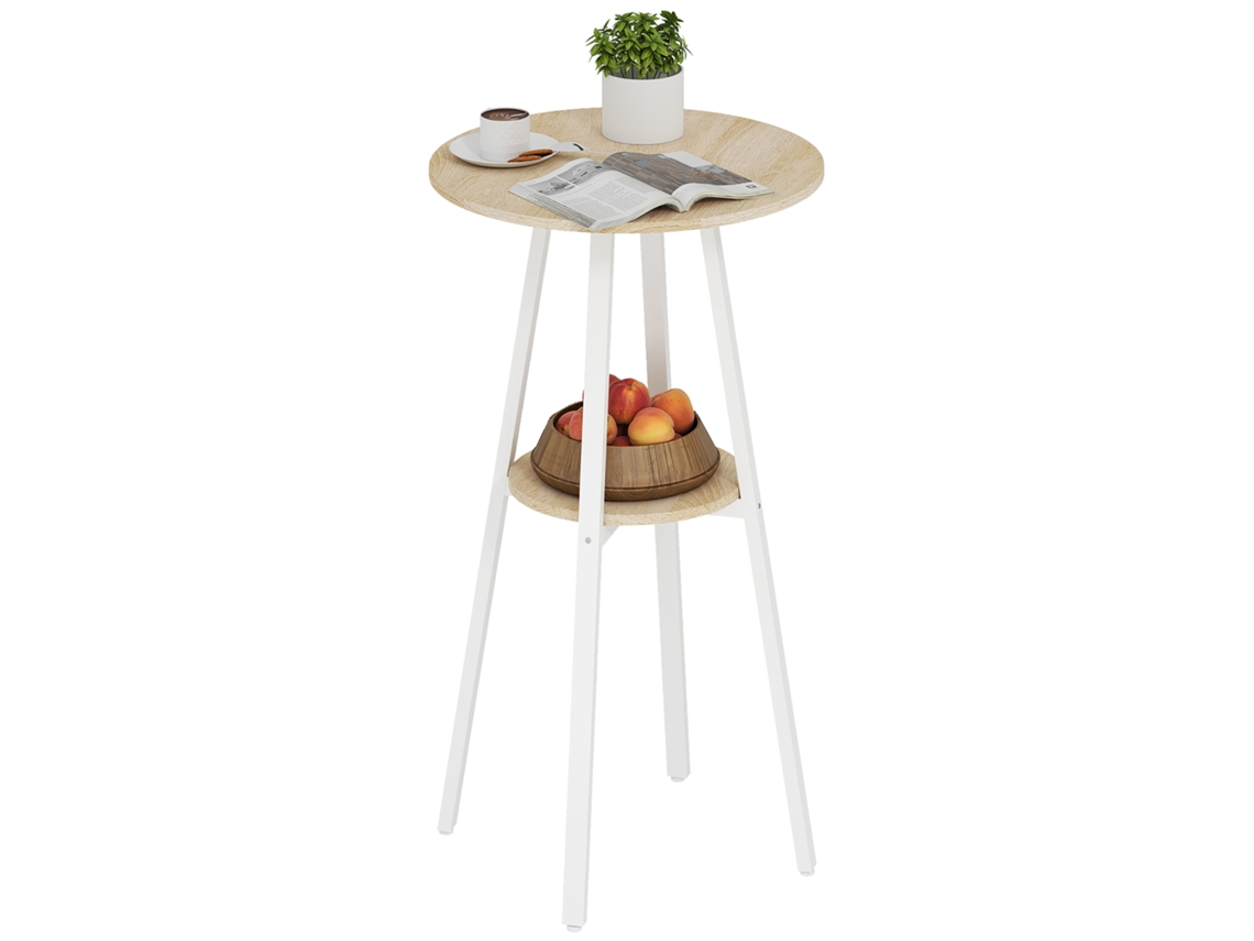Mesa Alta De Cozinha Redonda Com Prateleira De Armazenamento Para 2 Pessoas Com Estrutura De Metal 55x55x95 Cm Madeira E Branco