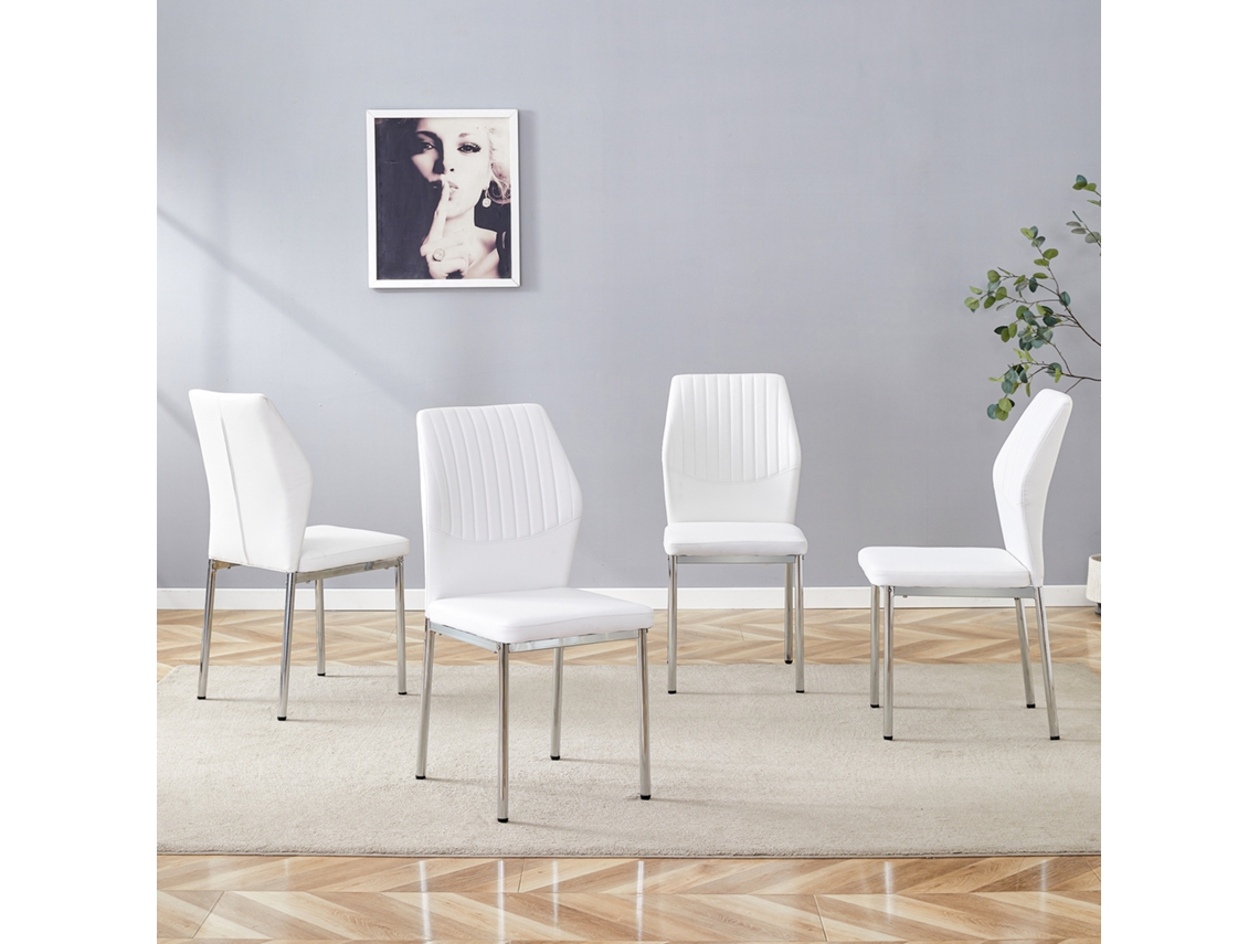 Conjunto 4 Cadeiras Jantar Pu Branco Relevo Vertical Pés Prateado