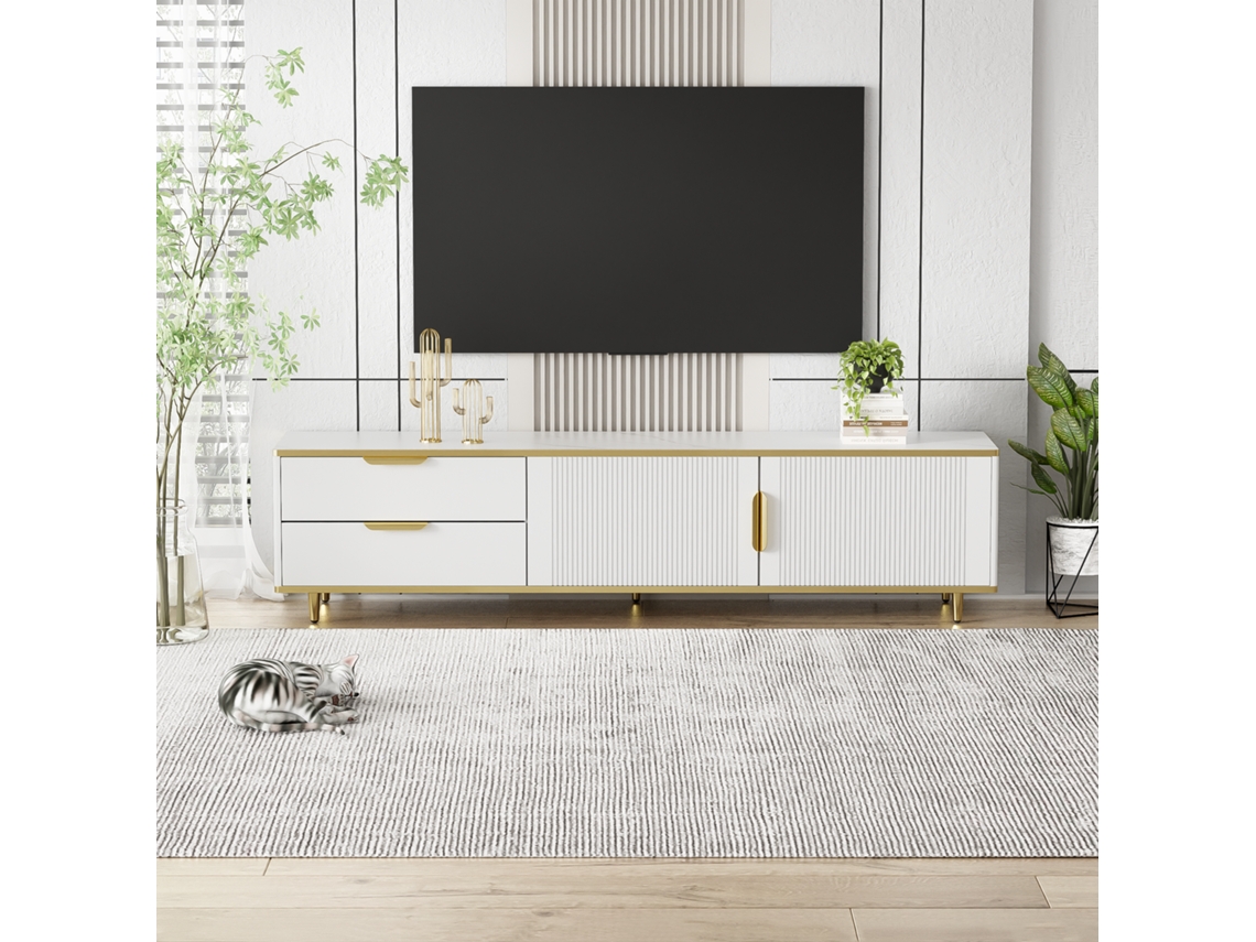 Móvel de TV moderno com 2 portas e 2 gavetas, pés de metal branco.