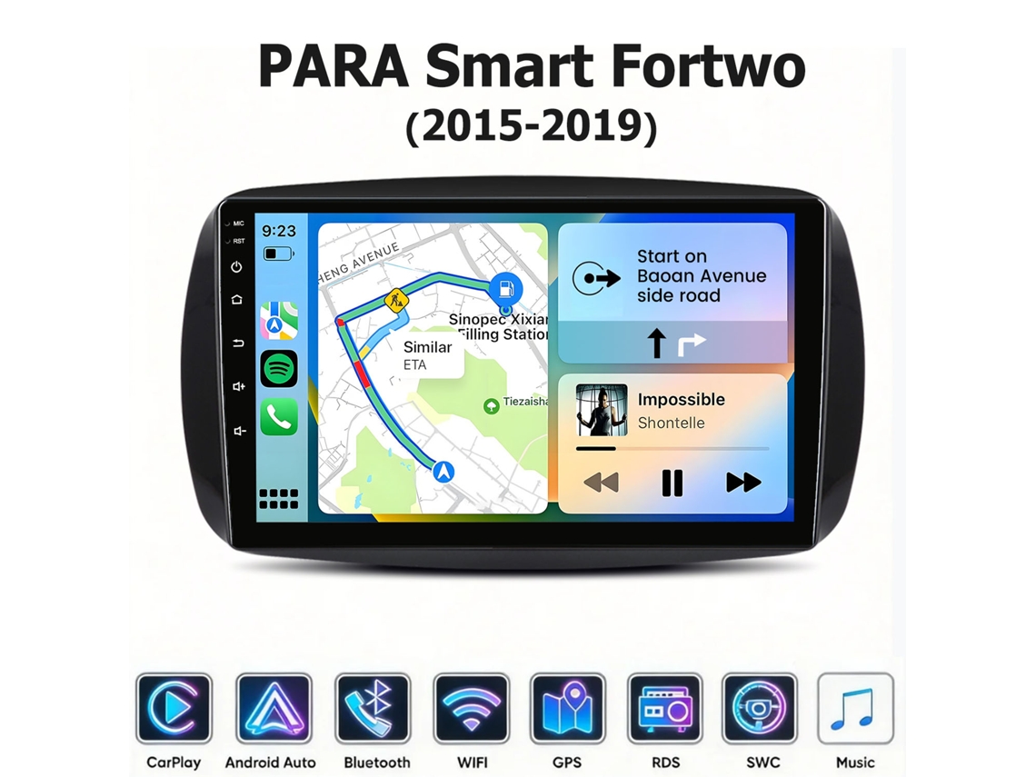 Ecrã 9 Polegadas Android Auto 8 Núcleos 6gb+128gb Rádio Carro Para Smart Fortwo 2015-2019 Wifi Gps Carplay